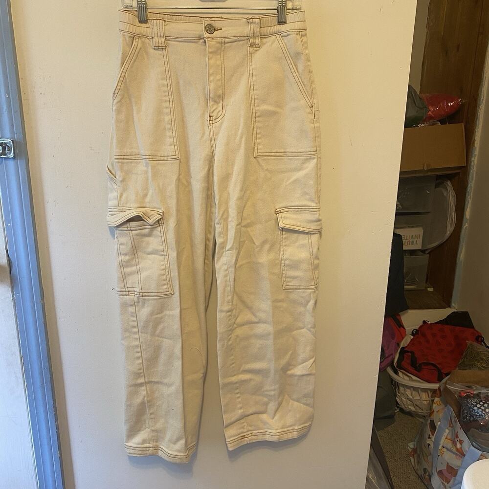 Women L Ivory Denim Cargo Pants WideLeg ElasticWaist Pockets Corpcore Steampunk - Picture 6 of 9